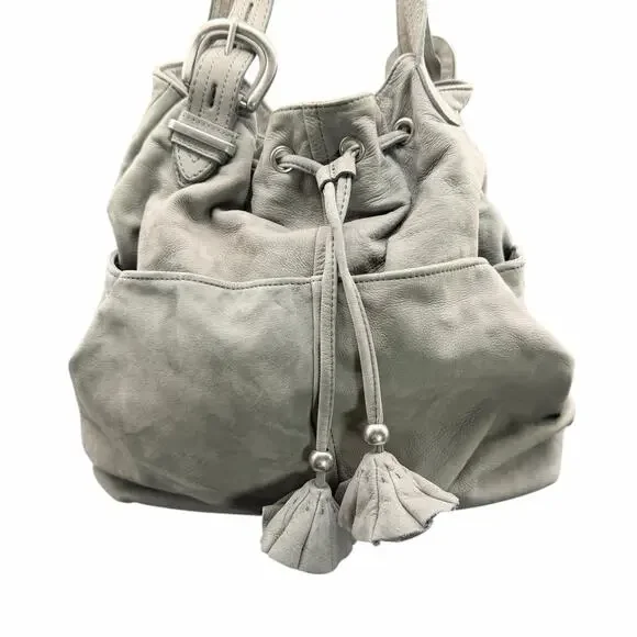Ann Taylor LOFT Gray Leather Drawstring Shoulder Bag Tassel Slouchy Tote - Picture 3 of 13